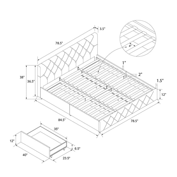 Dakota Platform Bed Frame with Storage Drawers - Black Faux Leather - King