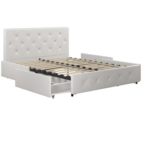 Dakota Platform Bed Frame with Storage Drawers - White Faux leather - Queen
