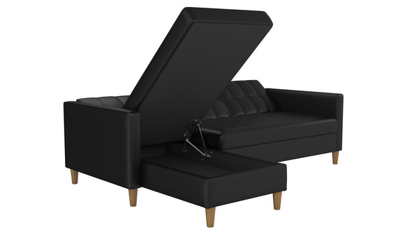 Hartford Storage Sectional Futon and Ottoman - Black Faux Leather - N/A