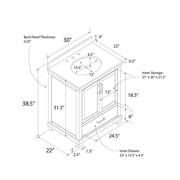 Sunnybrooke 30 Inch Bathroom Vanity - Rustic White - 30"