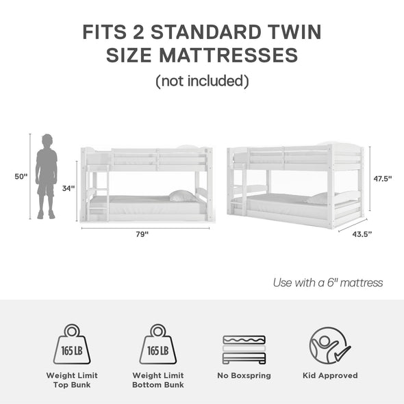 Sierra Low Wood Bunk Bed  - White - Twin-Over-Twin