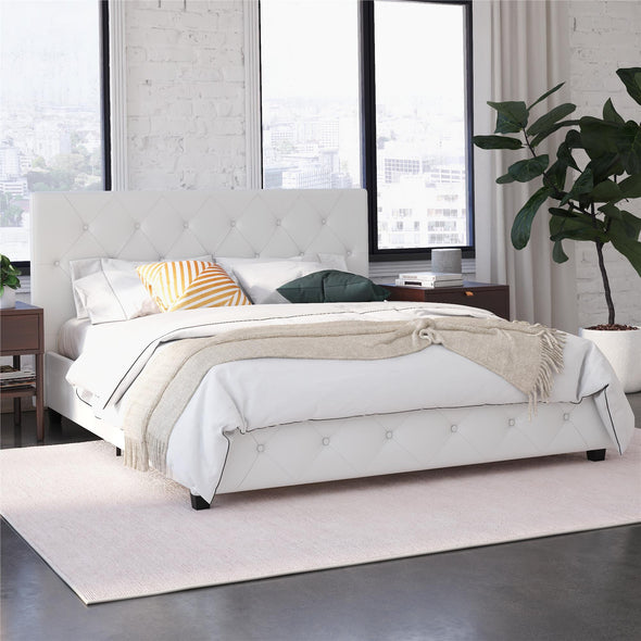 Dakota Platform Bed Frame - White Faux leather - Queen