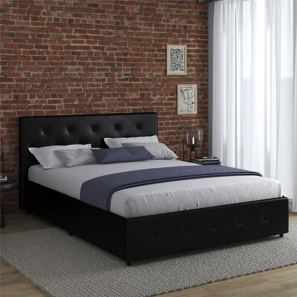 Dakota Platform Bed Frame with Storage Drawers - Black Faux Leather - Queen