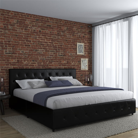 Dakota Platform Bed Frame with Storage Drawers - Black Faux Leather - King