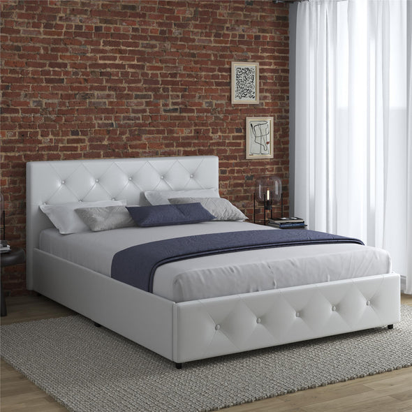 Dakota Platform Bed Frame with Storage Drawers - White Faux leather - Queen