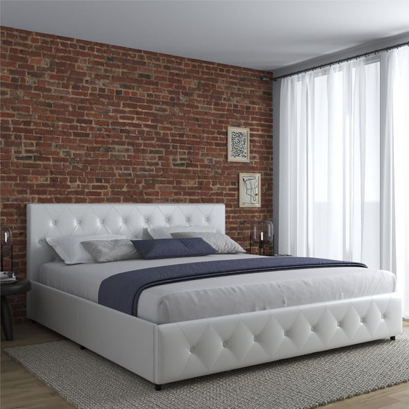 Dakota Platform Bed Frame with Storage Drawers - White Faux leather - King