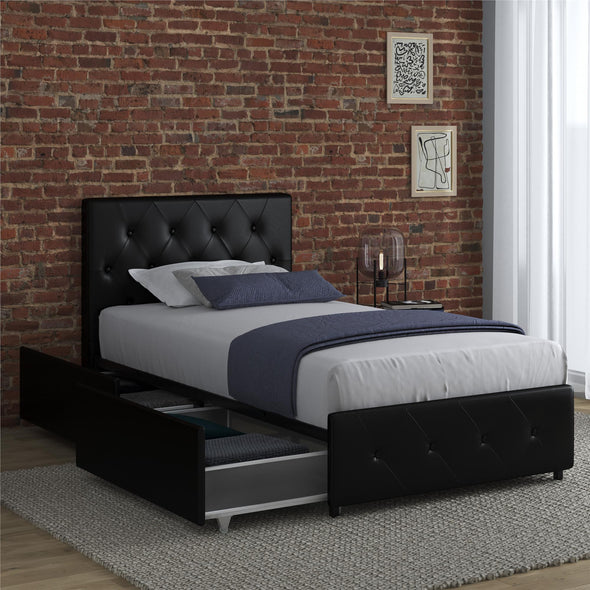 Dakota Platform Bed Frame with Storage Drawers - Black Faux Leather - Twin
