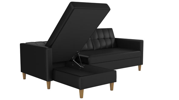 Hartford Reversible Sectional Futon Sofa with Storage - Black Faux Leather
