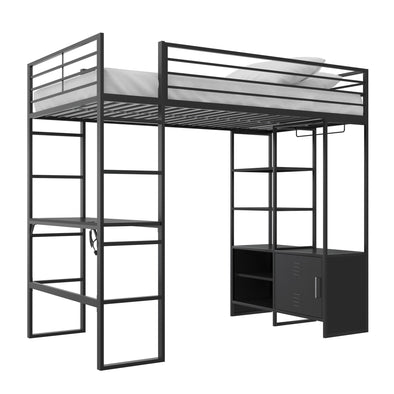 Lanis Metal Storage Loft Bed with Desk, Shelves, Cabinet and USB Port - Black - Twin