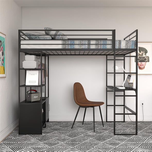 Lanis Metal Storage Loft Bed with Desk, Shelves, Cabinet and USB Port - Black - Twin