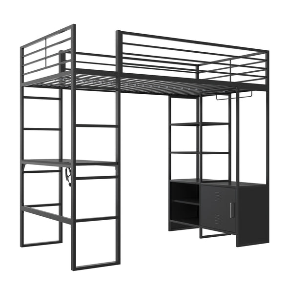 Lanis Metal Storage Loft Bed with Desk, Shelves, Cabinet and USB Port - Black - Twin