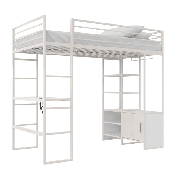 Lanis Metal Storage Loft Bed with Desk, Shelves, Cabinet and USB Port - Off White - Twin