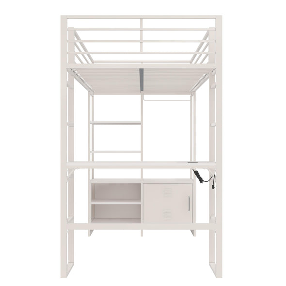 Lanis Metal Storage Loft Bed with Desk, Shelves, Cabinet and USB Port - Off White - Twin