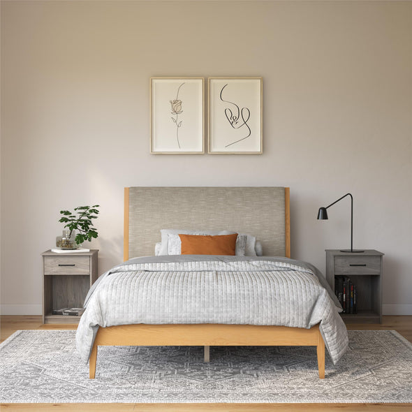 Dacin Wood Bed Frame with Upholstered Headboard - Beige - Queen