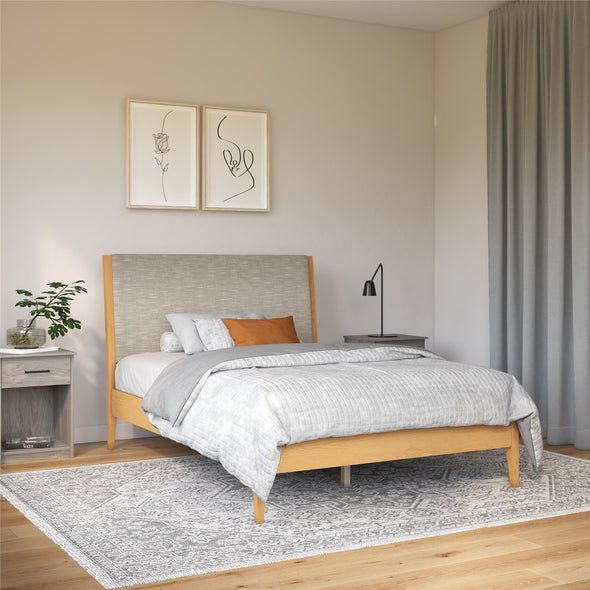 Dacin Wood Bed Frame with Upholstered Headboard - Beige - Queen