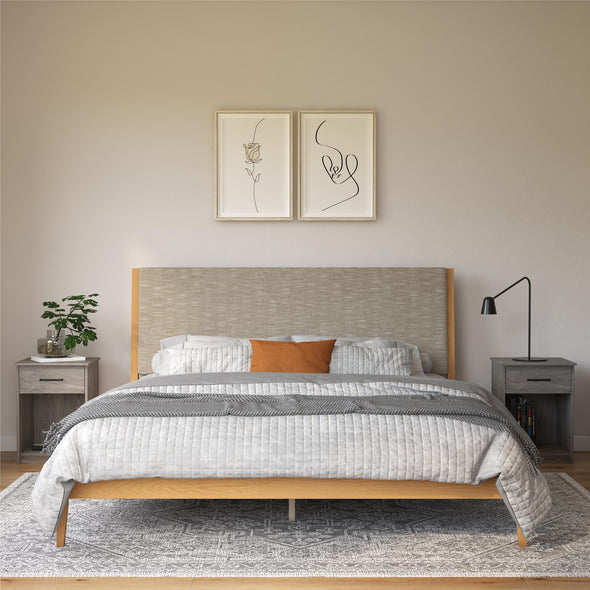 Dacin Wood Bed Frame with Upholstered Headboard - Beige - King