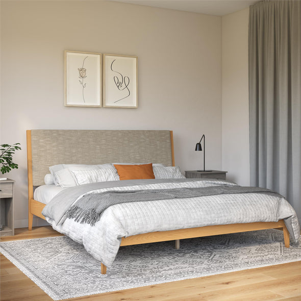 Dacin Wood Bed Frame with Upholstered Headboard - Beige - King