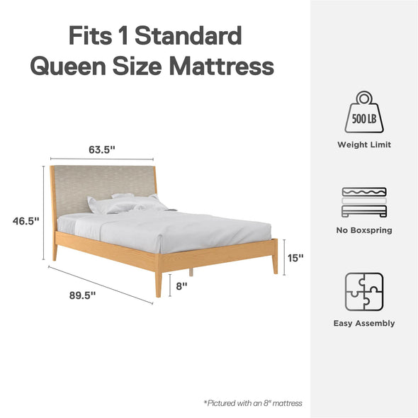 Dacin Wood Bed Frame with Upholstered Headboard - Beige - Queen