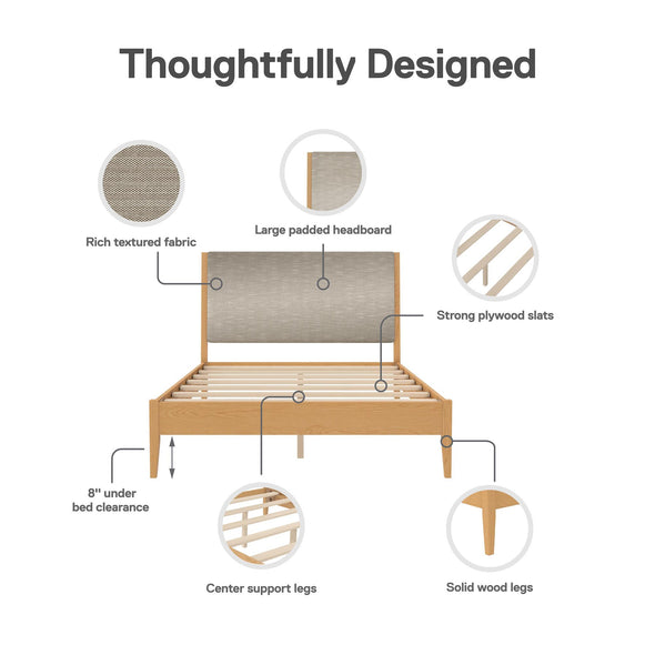 Dacin Wood Bed Frame with Upholstered Headboard - Beige - Queen