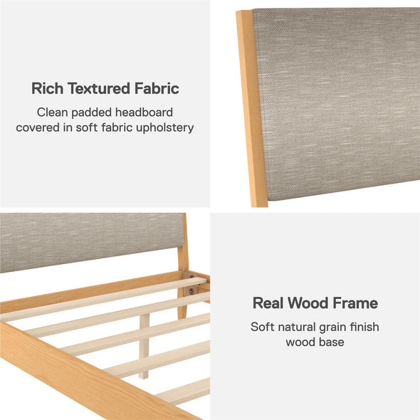 Dacin Wood Bed Frame with Upholstered Headboard - Beige - Queen