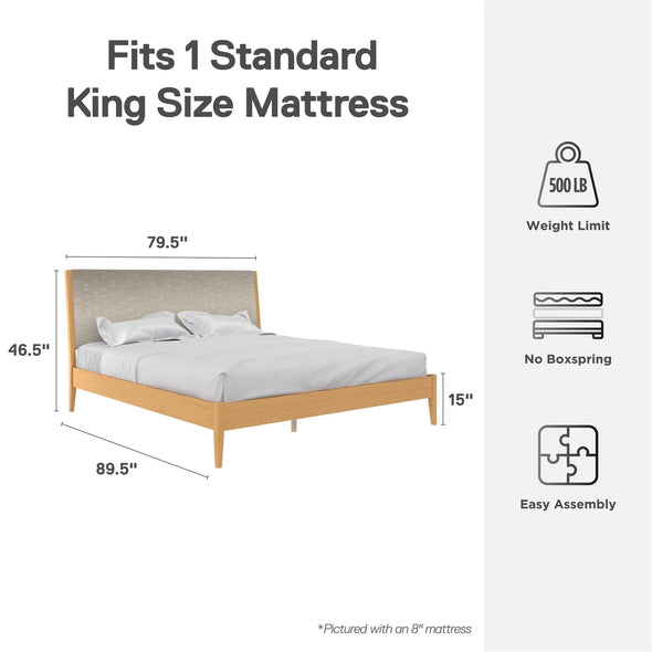 Dacin Wood Bed Frame with Upholstered Headboard - Beige - King