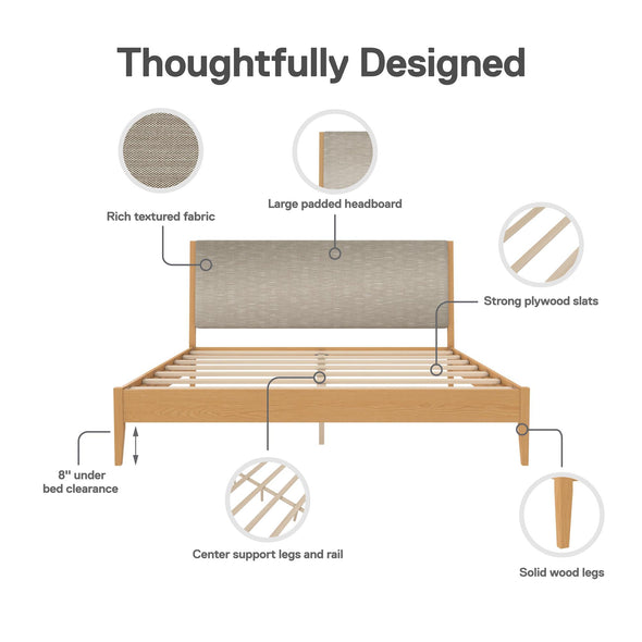 Dacin Wood Bed Frame with Upholstered Headboard - Beige - King