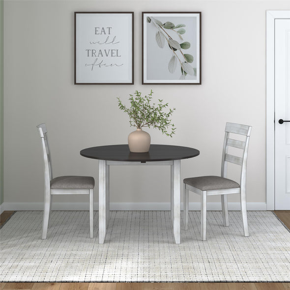 Jersey 3-Piece Drop Leaf Wood Dining Set with Round Table and 2 Chairs - Oyster