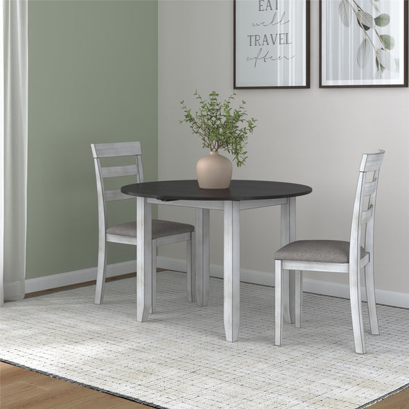 Jersey 3-Piece Drop Leaf Wood Dining Set with Round Table and 2 Chairs - Oyster