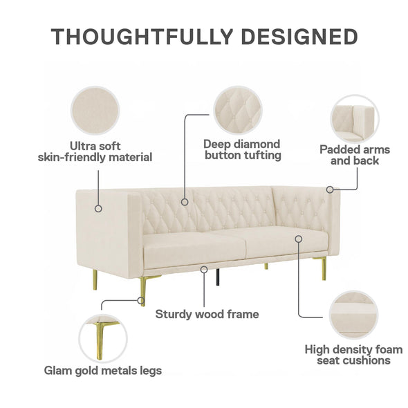 DHP Marseille Tuxedo Sofa with Gold Finish Metal Legs - Ivory