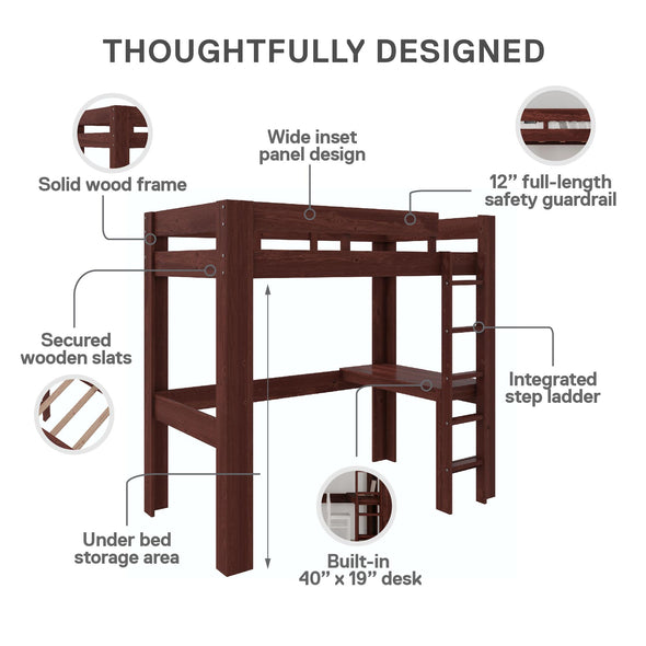 Jaymee Kids Wood Loft Bed with Desk - Deep Walnut - Twin
