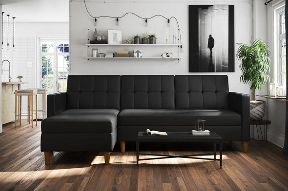 Hartford Reversible Sectional Futon Sofa with Storage - Black Faux Leather