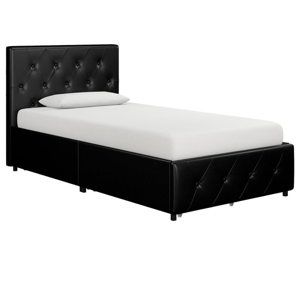 Dakota Platform Bed Frame with Storage Drawers - Black Faux Leather - Twin