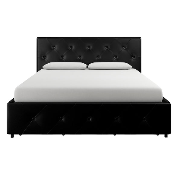 Dakota Platform Bed Frame with Storage Drawers - Black Faux Leather - Queen