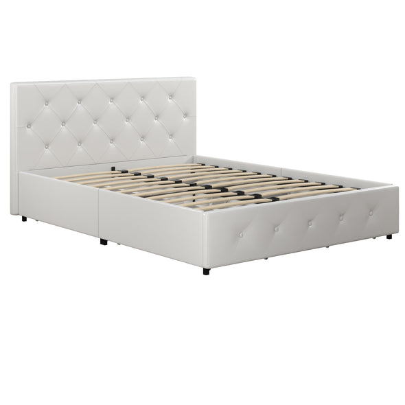 Dakota Platform Bed Frame with Storage Drawers - White Faux leather - Queen