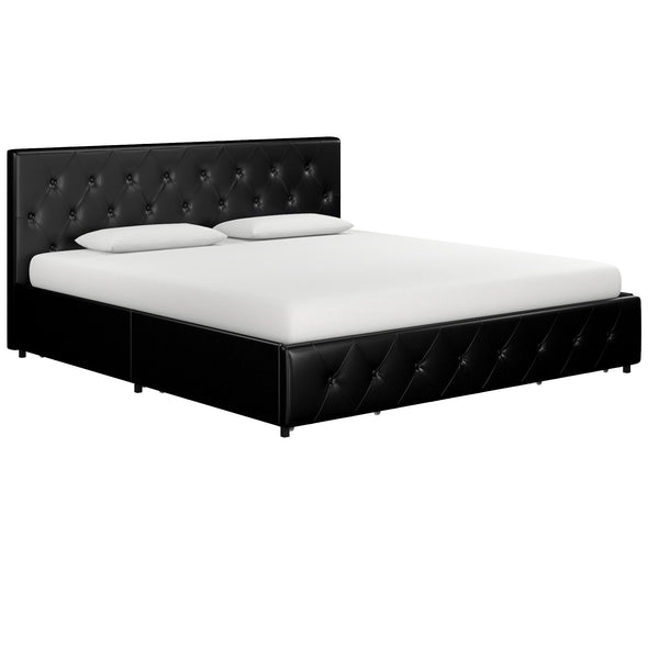 Dakota Platform Bed Frame with Storage Drawers - Black Faux Leather - King