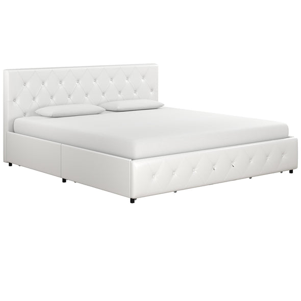 Dakota Platform Bed Frame with Storage Drawers - White Faux leather - King