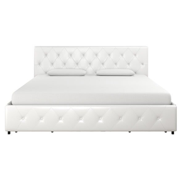 Dakota Platform Bed Frame with Storage Drawers - White Faux leather - King