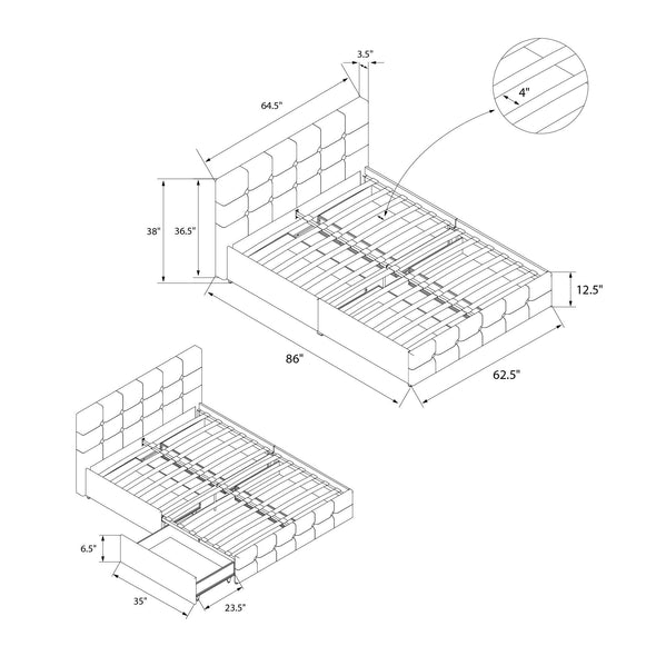 Rose Platform Bed Frame with Storage Drawers - Blue Linen - Queen