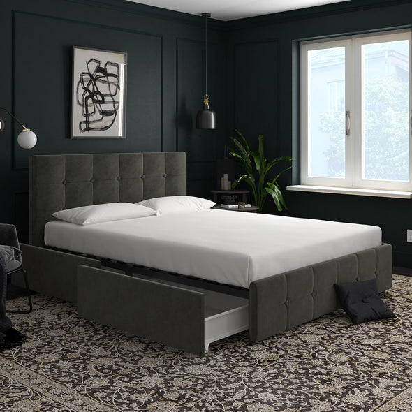 Rose Platform Bed Frame with Storage Drawers - Grey Velvet - Queen