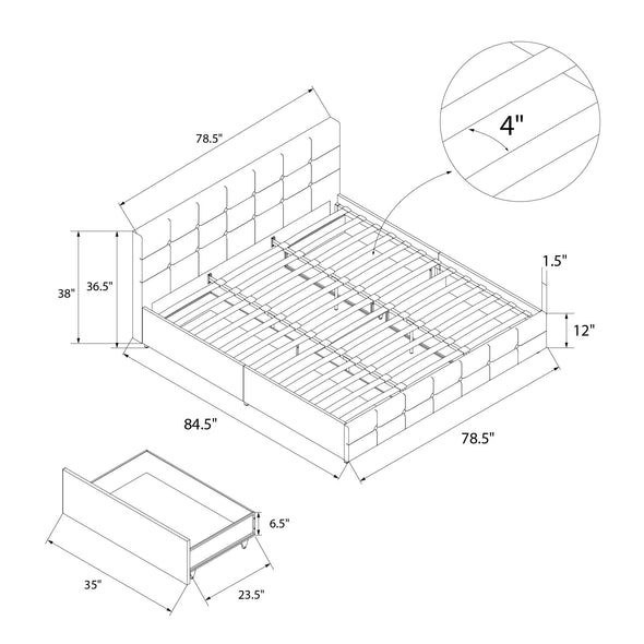 Rose Platform Bed Frame with Storage Drawers - Grey Velvet - King