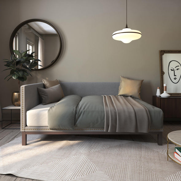 Mid Century Upholstered Modern Daybed - Grey Linen - Full