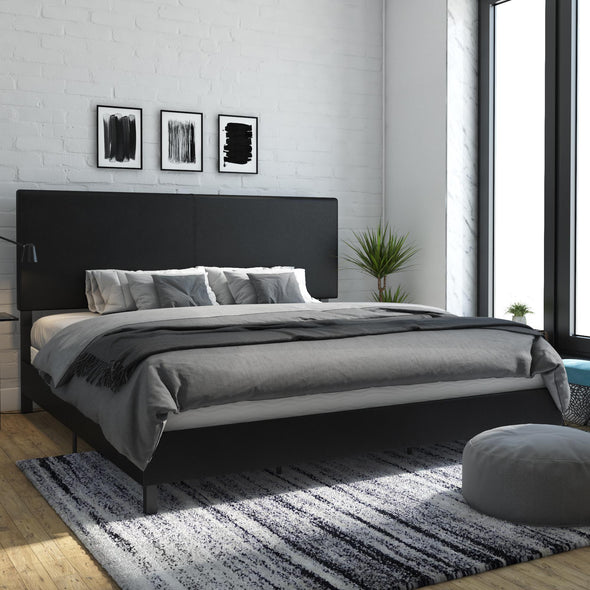 Janford Bed Frame with Adjustable Headboard - Black Faux Leather - King