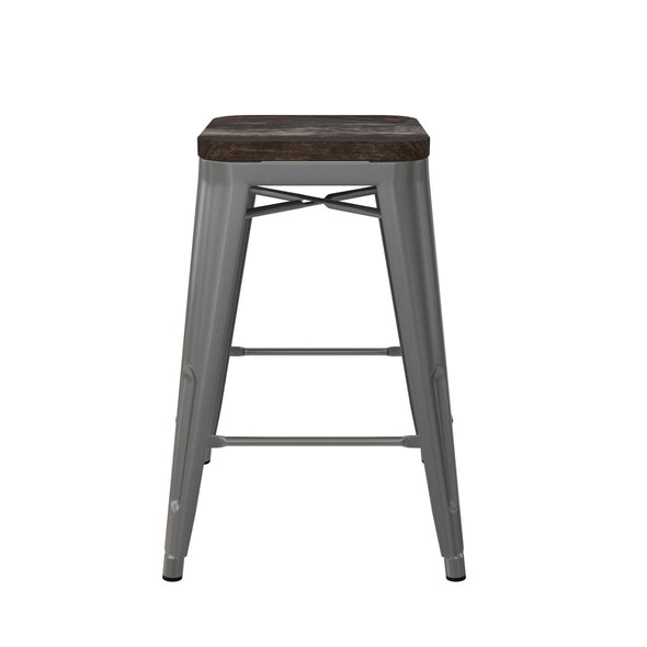 DHP Fusion 24" Stackable Metal Backless Counter Height Bar Stool with Wood Seat, Silver, Set of 2 - Silver