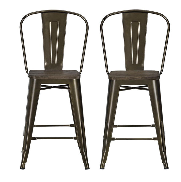 DHP Luxor 24" Metal Counter Stool with Wood Seat, Antique Bronze, Set of 2 - Bronze