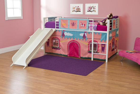 Junior loft bed with slide and princess castle curtains set - White - N/A