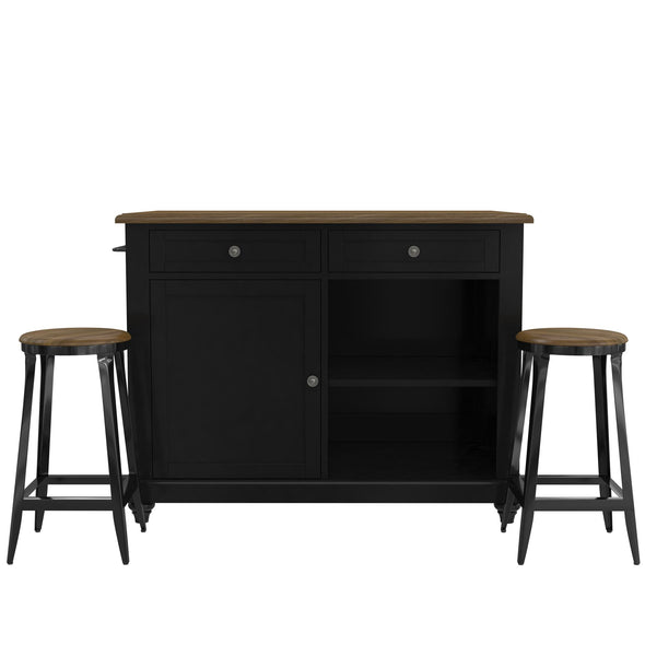 Kelsey Kitchen Island with 2 Stools - Black - N/A