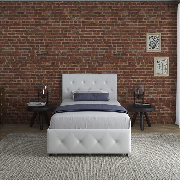 DHP Dakota Upholstered Bed with Storage Drawers, White Faux Leather, Twin - White Faux leather - Twin