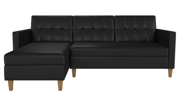 Hartford Storage Sectional Futon and Ottoman - Black Faux Leather - N/A
