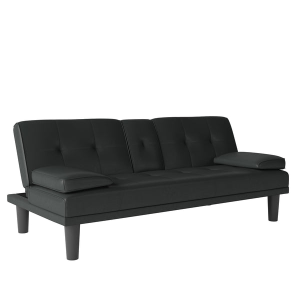 DHP Marley Sofa Sleeper Cupholder Futon with 2 Pillows, Black Faux Leather - Black Faux Leather - N/A