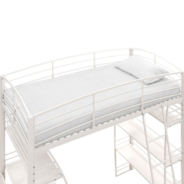 DHP Sage Studio Twin Metal Loft Bed with Integrated Desk and Shelves, Off White - White - Twin